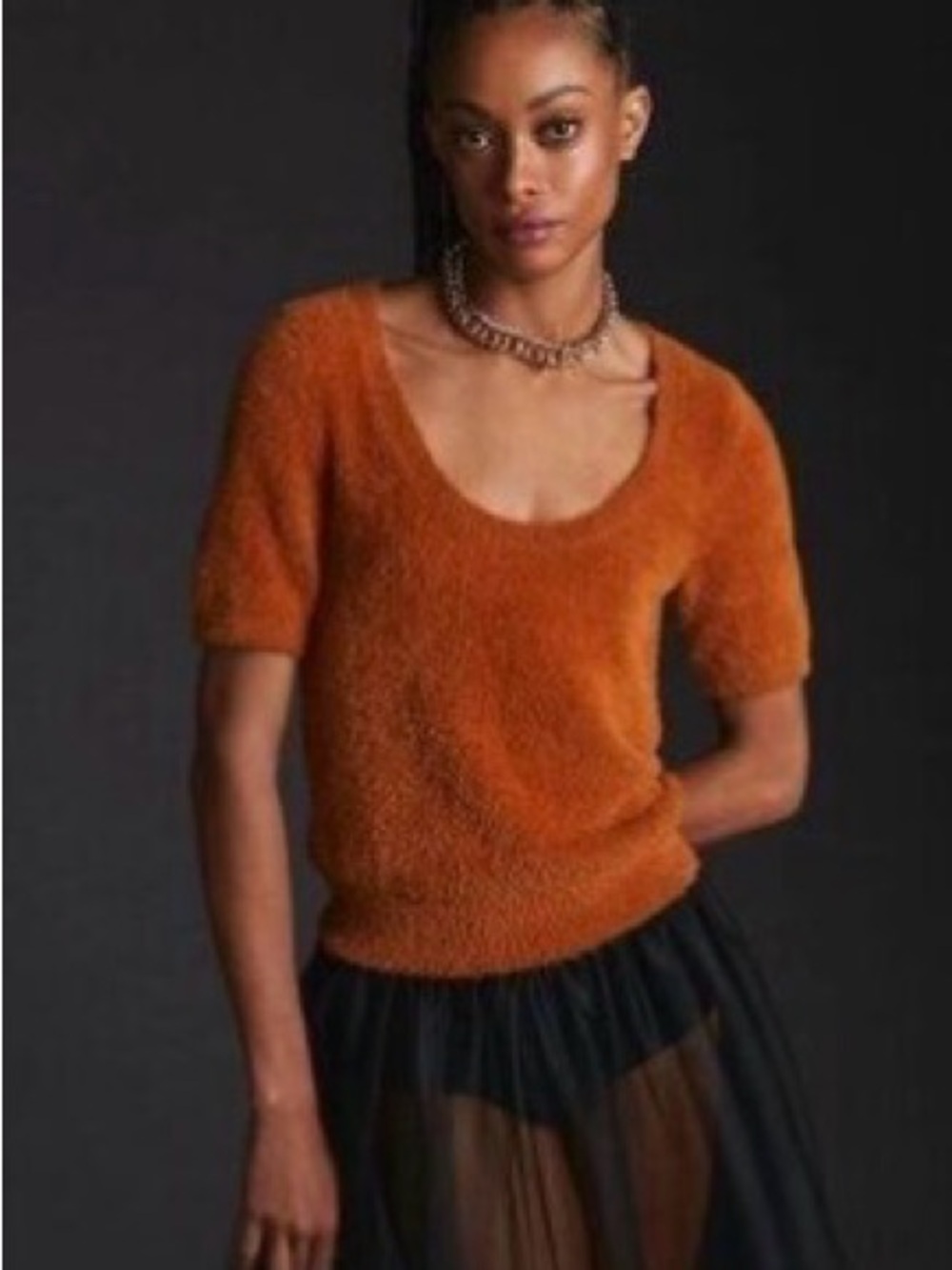 Maeve Rust Orange Fuzzy Scoop-Neck Short Sleeve Sweater, Size Small